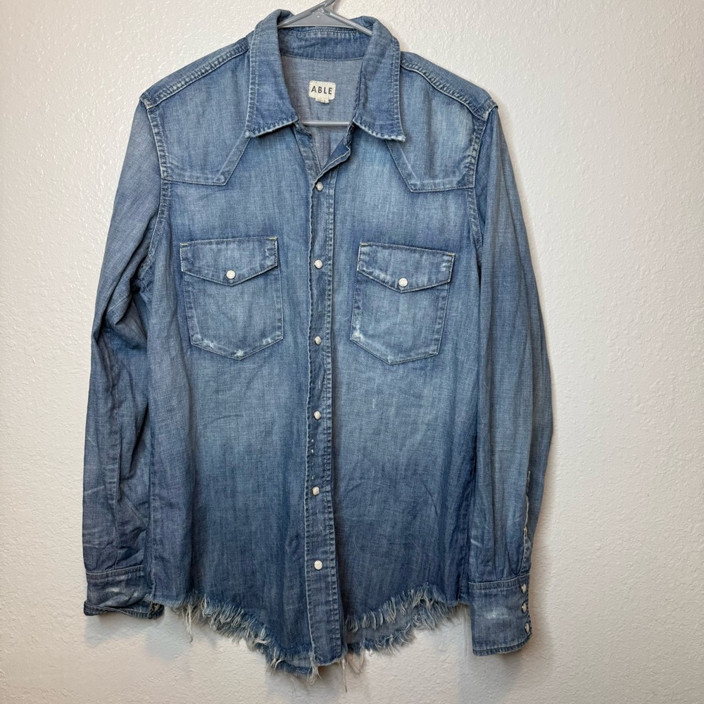 Able Jean Pearl Snap Raw Hem Distressed Long Sleeve Shirt Size Extra Large